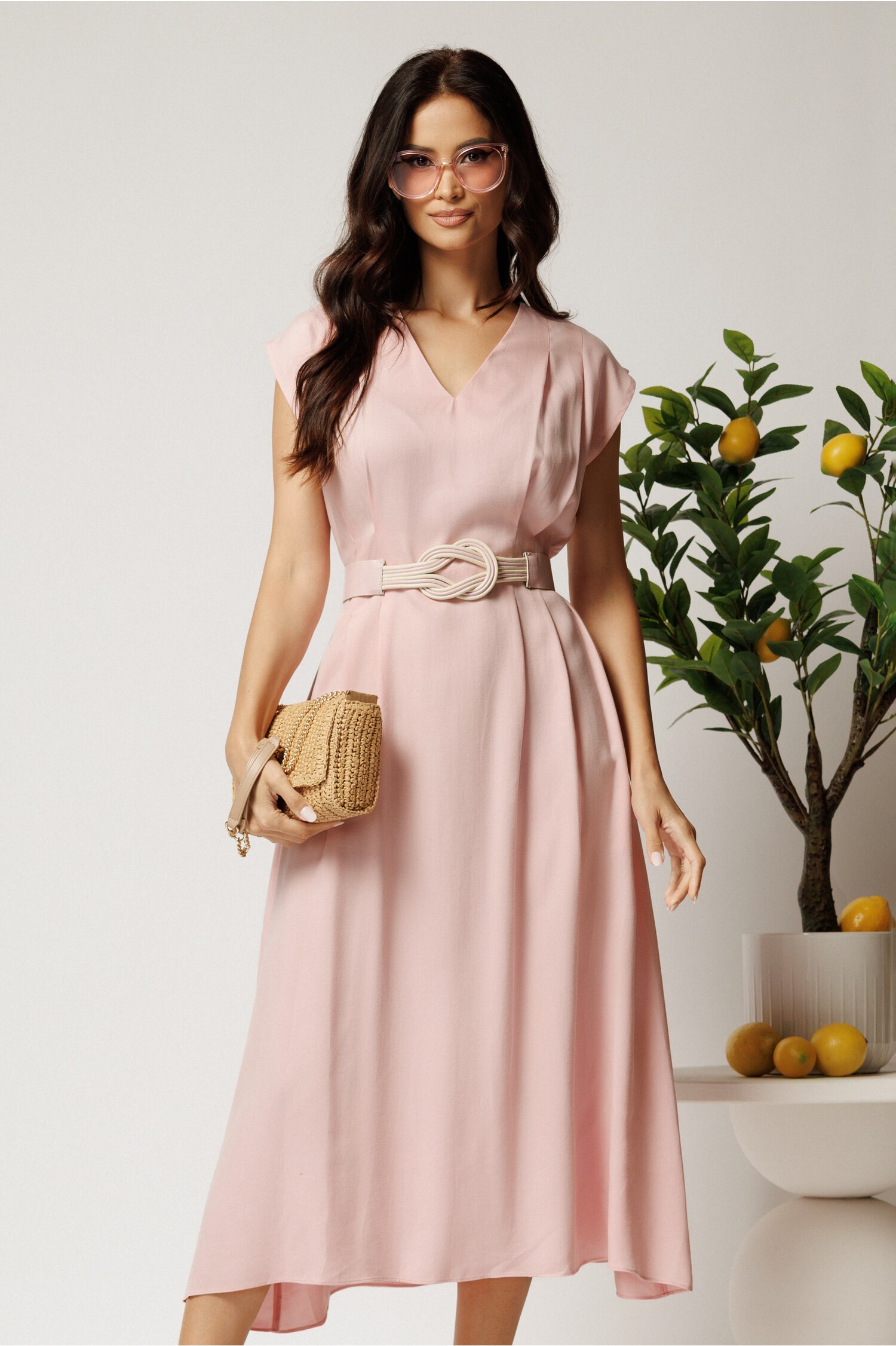 Rochie midi roz tencel elegantă cu pliuri
