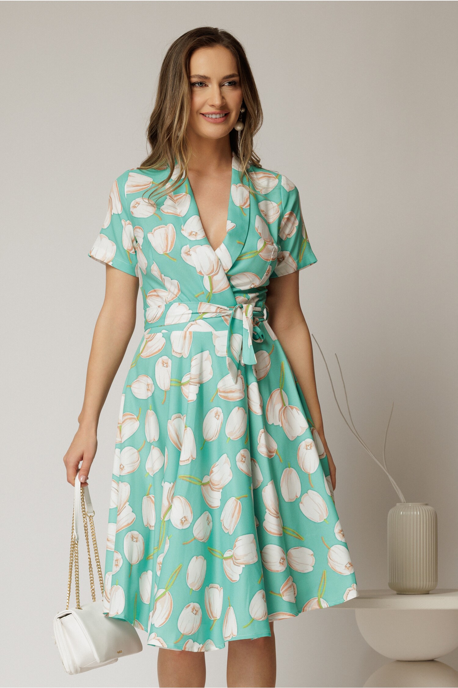 Rochie Midi Verde Imprimeu Petrecut cu Cordon
