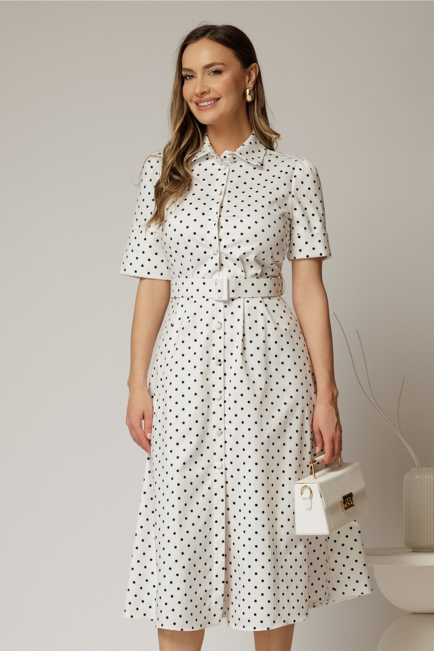 Rochie Tip Cămașă Albastră cu Buline și Cureă