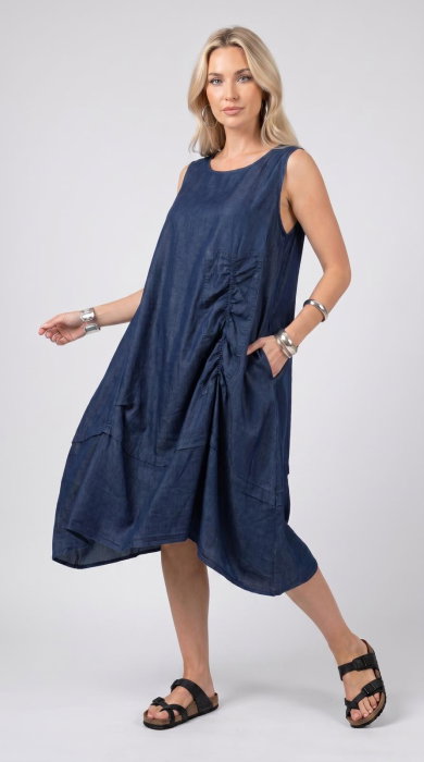 Rochie midi din jeans inchis cu fronseuri decorative