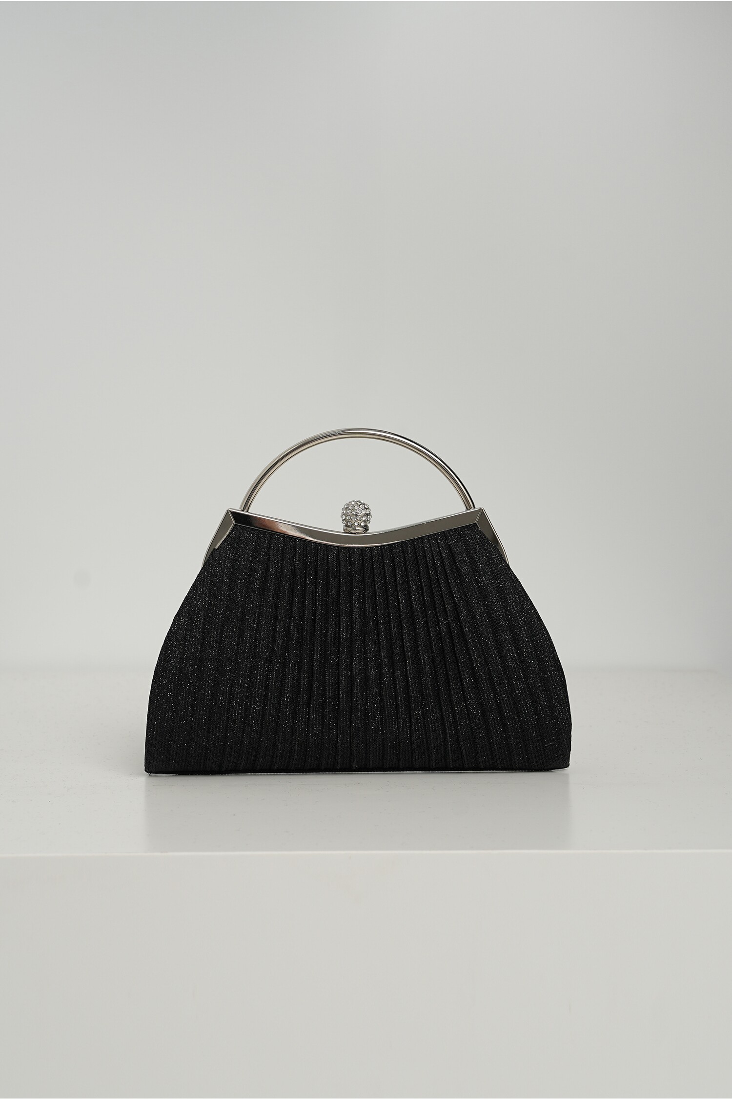 Clutch Lurex Negru cu Mâner Metalic Rotund