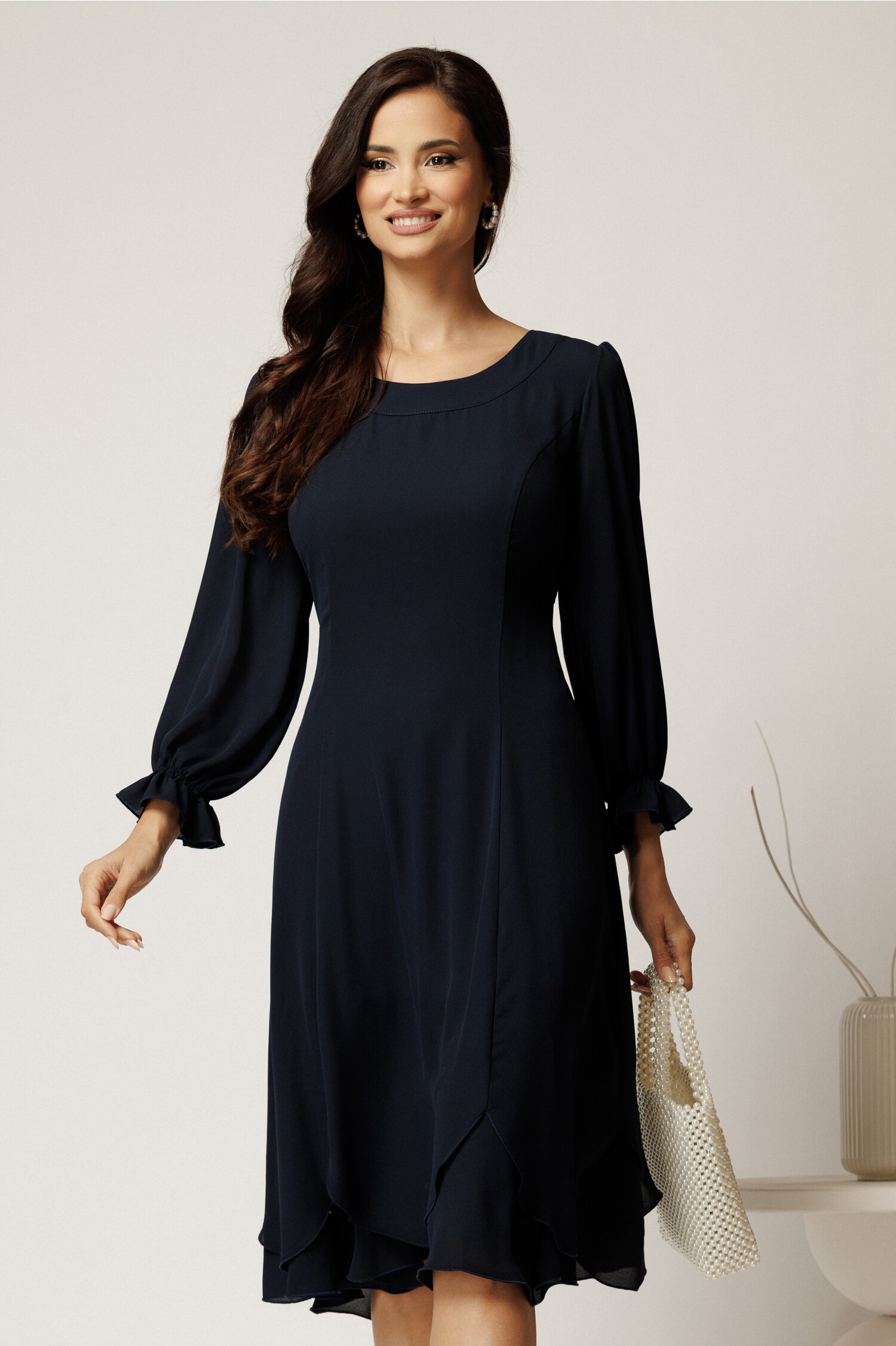 Rochie Midi Bleumarin Voal pentru Cununie Civilă