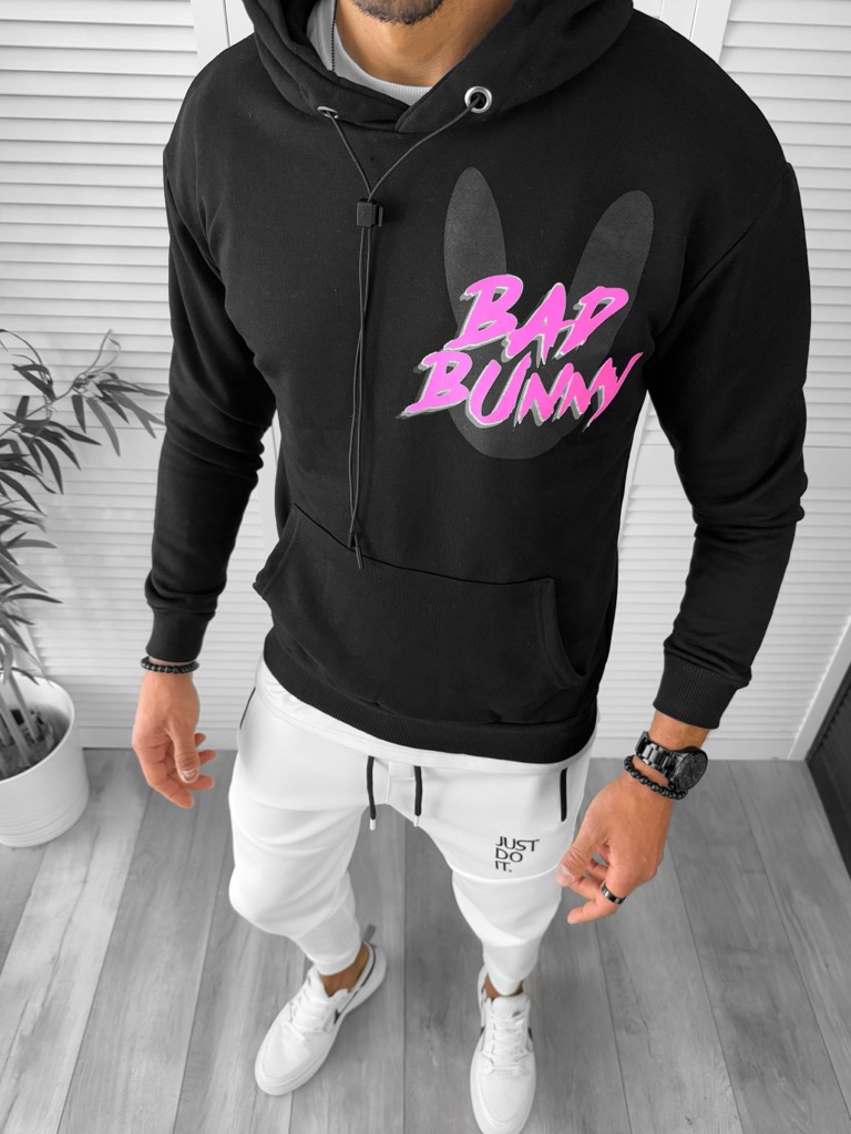 Hanorac Barbati Negru Slim Fit cu Imprimeu