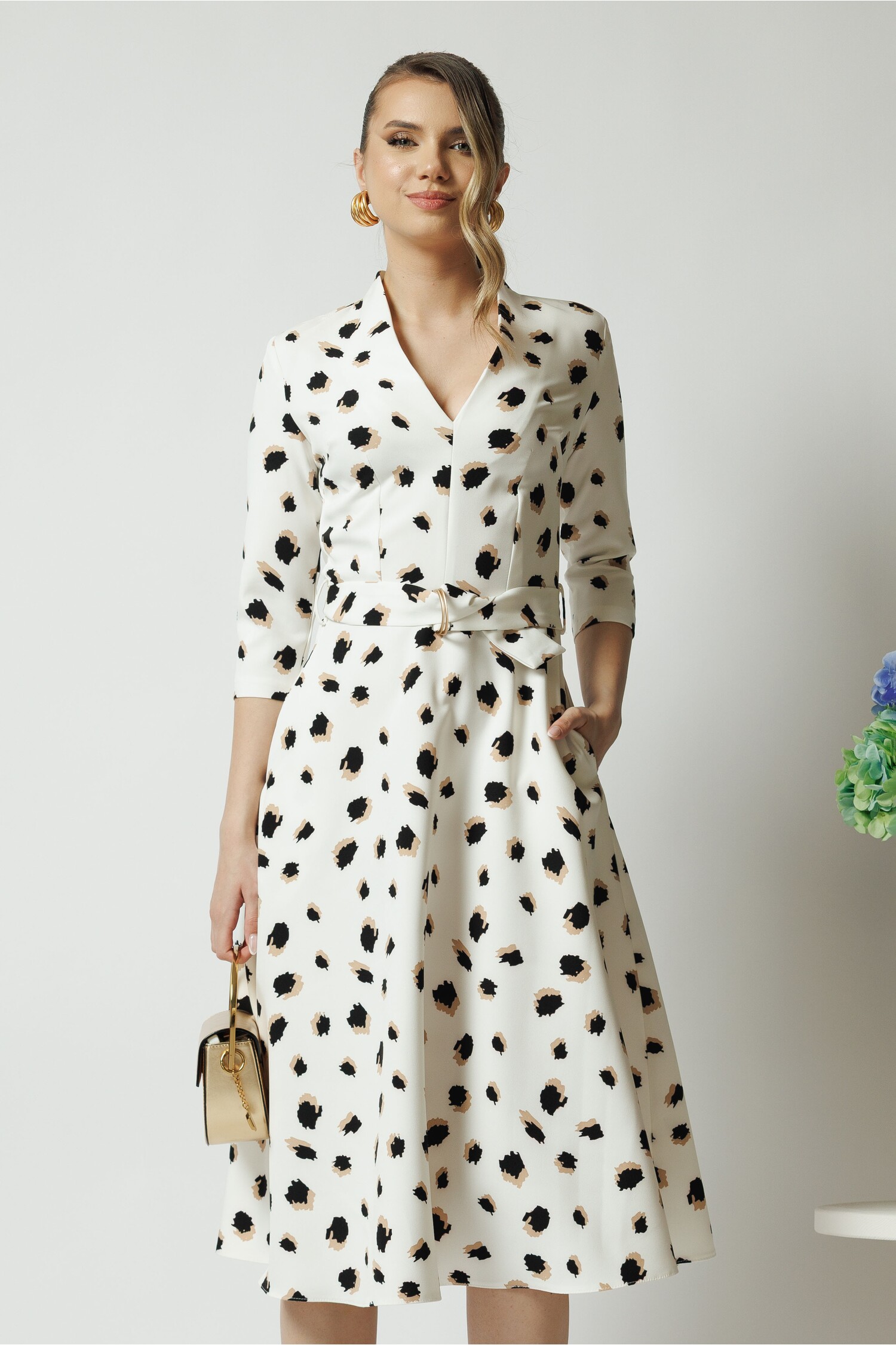 Rochie Midi Stofa Imprimeuri Bej Eleganta