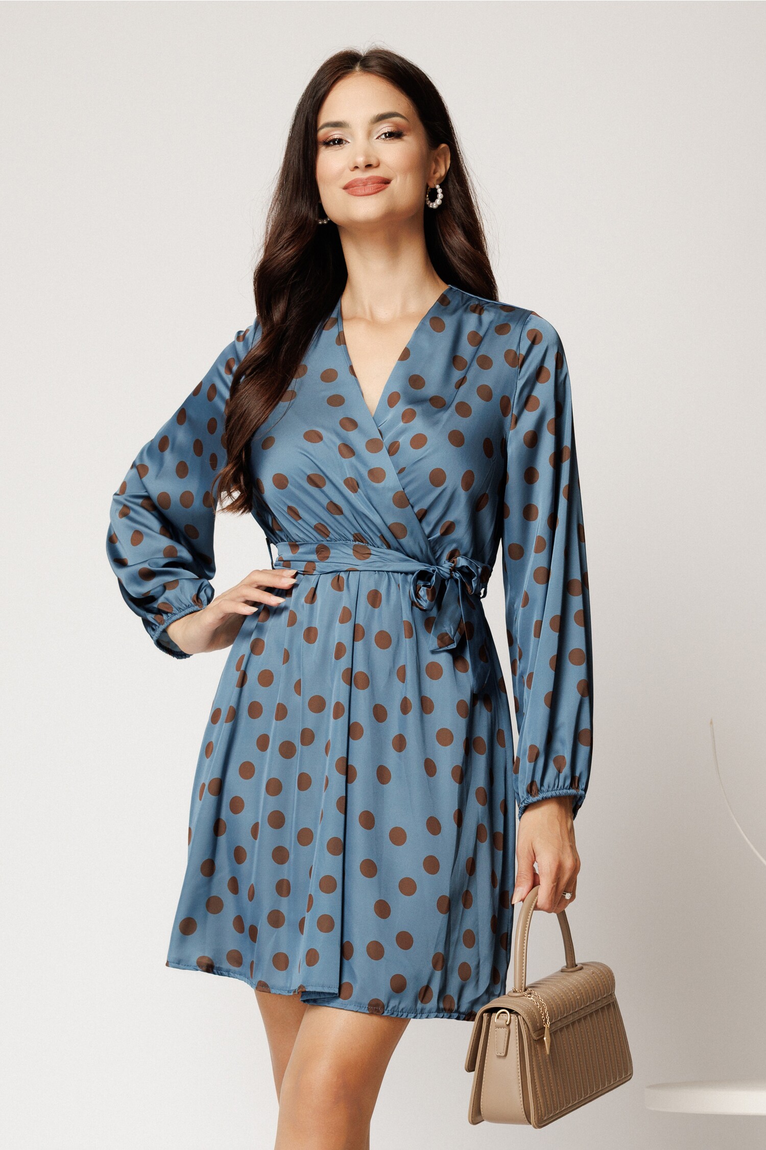 Rochie Satin Bleu cu Buline | Stil Feminin