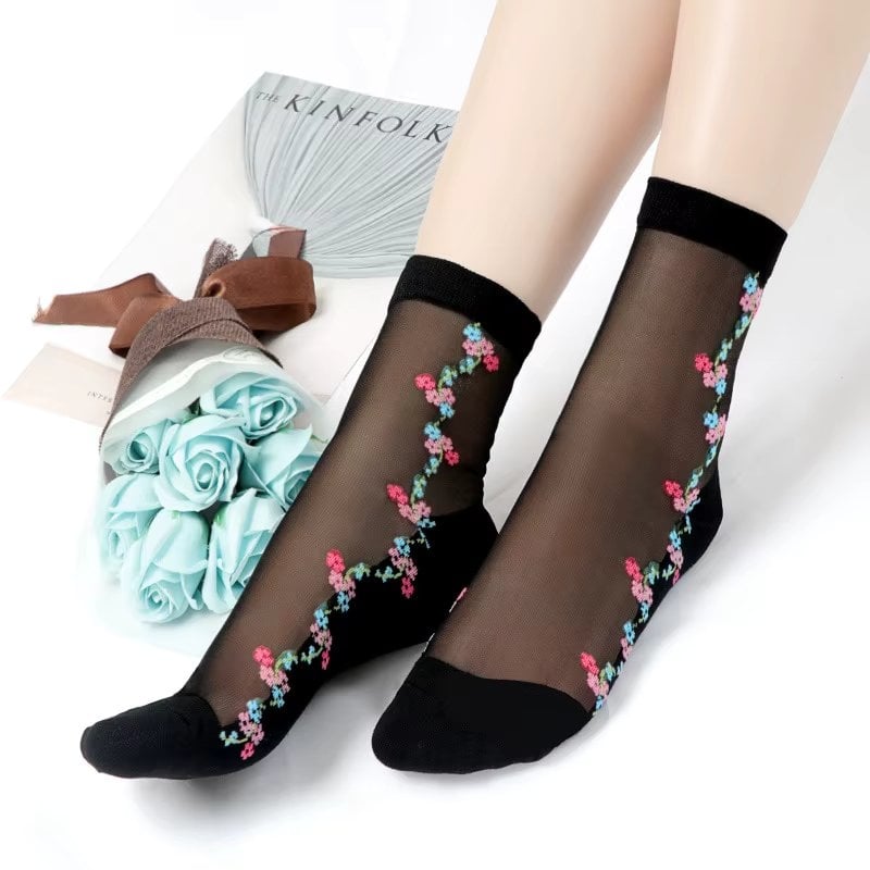 Sosete Dama Picadili Flori Negre Confortabile