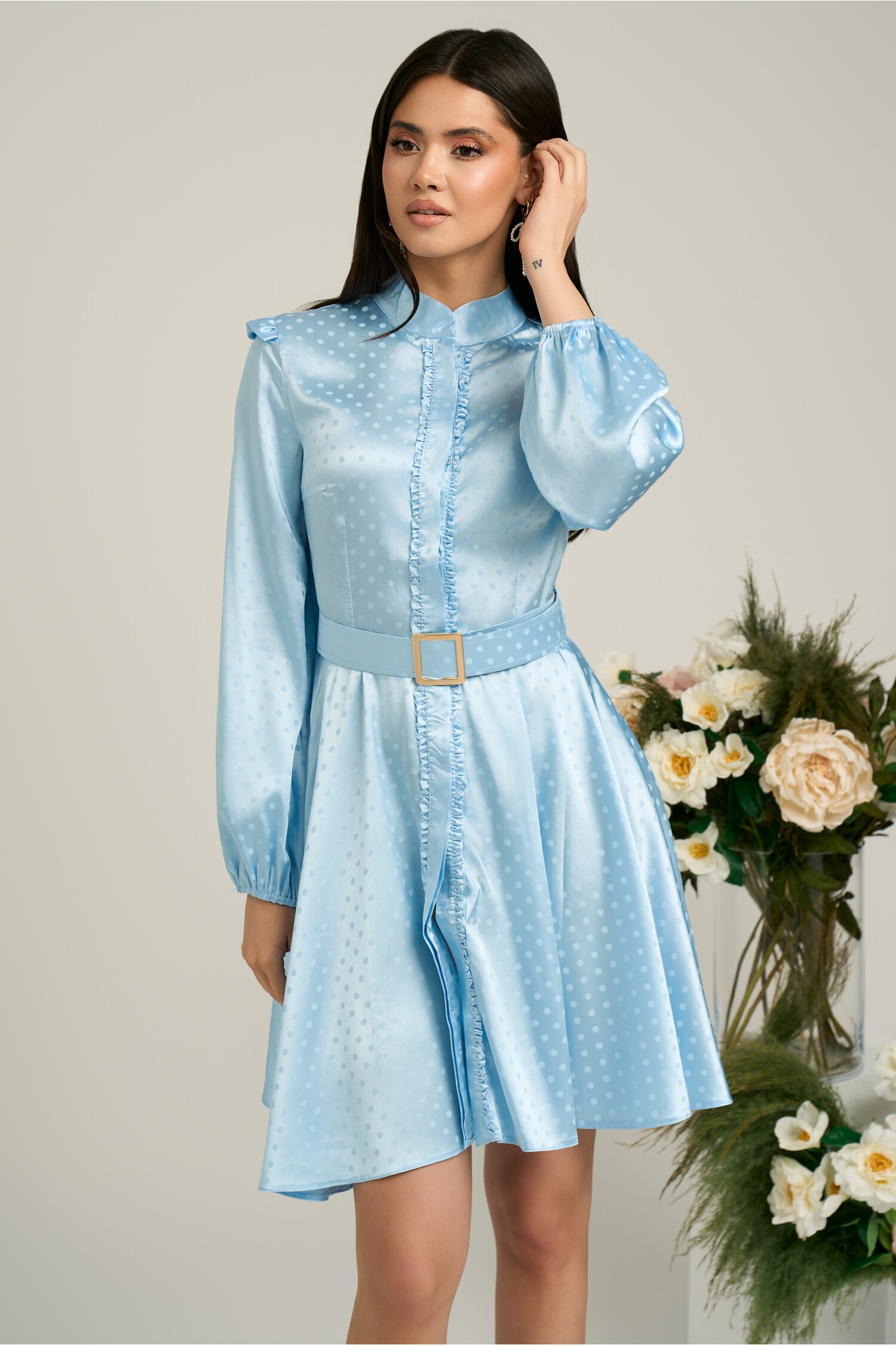 Rochie Dy Fashion Bleu cu Buline și Curea Eleganta