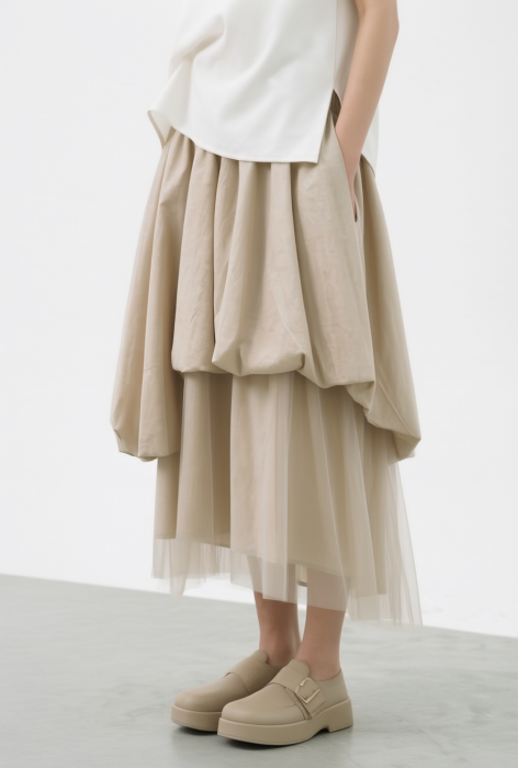 Fusta Midi Ampla Tulle Bej | Shopika