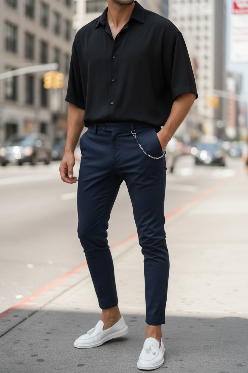 Pantaloni Barbati Casual Bleumarin din Bumbac - imagine 3