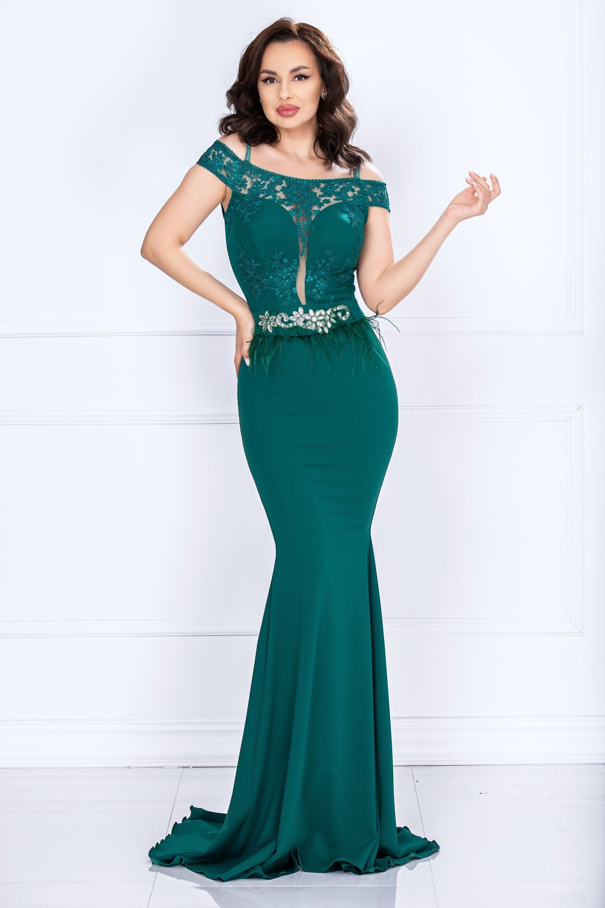 Rochie Nasa Chanttal Verde Sirena cu Broderie
