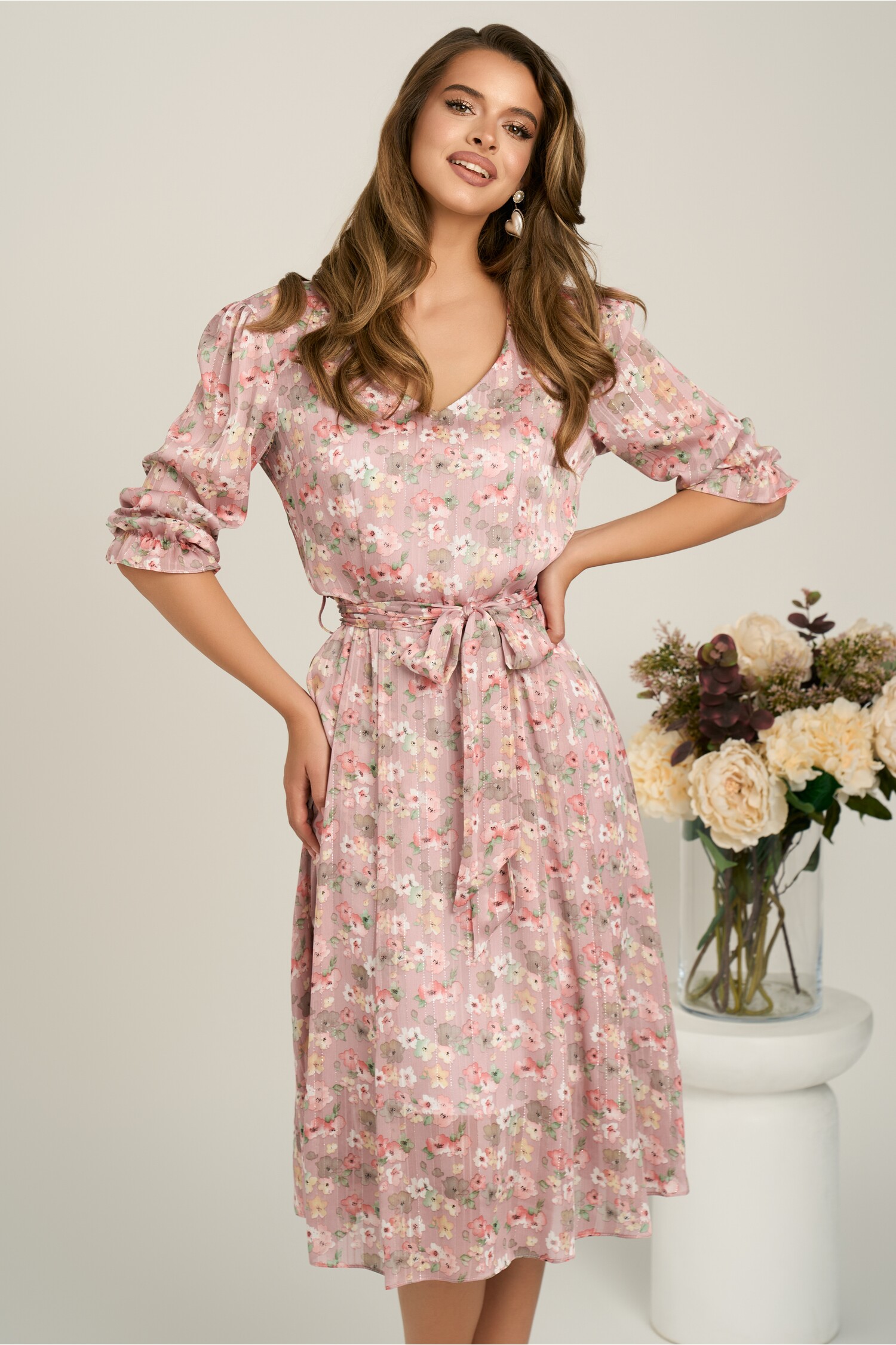 Rochie Midi Roz Voal cu Flori pentru Cununie Civila