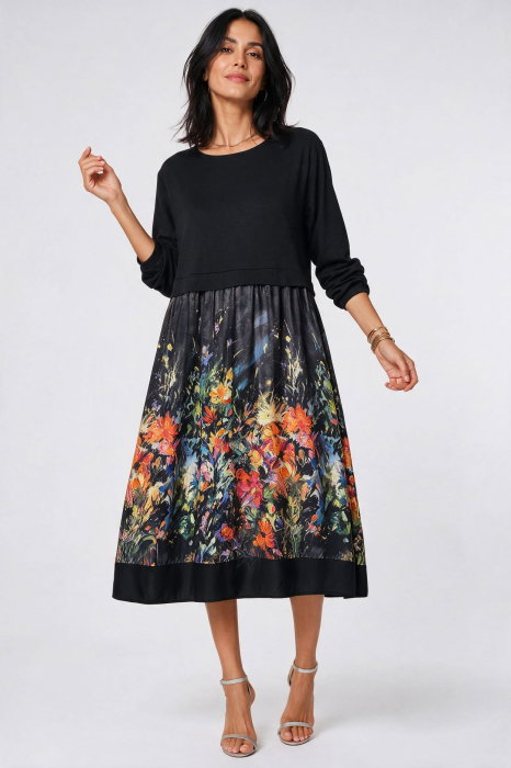 Rochie midi dama din jerseu si satin de matase cu imprimeu floral multicolor pe fond negru