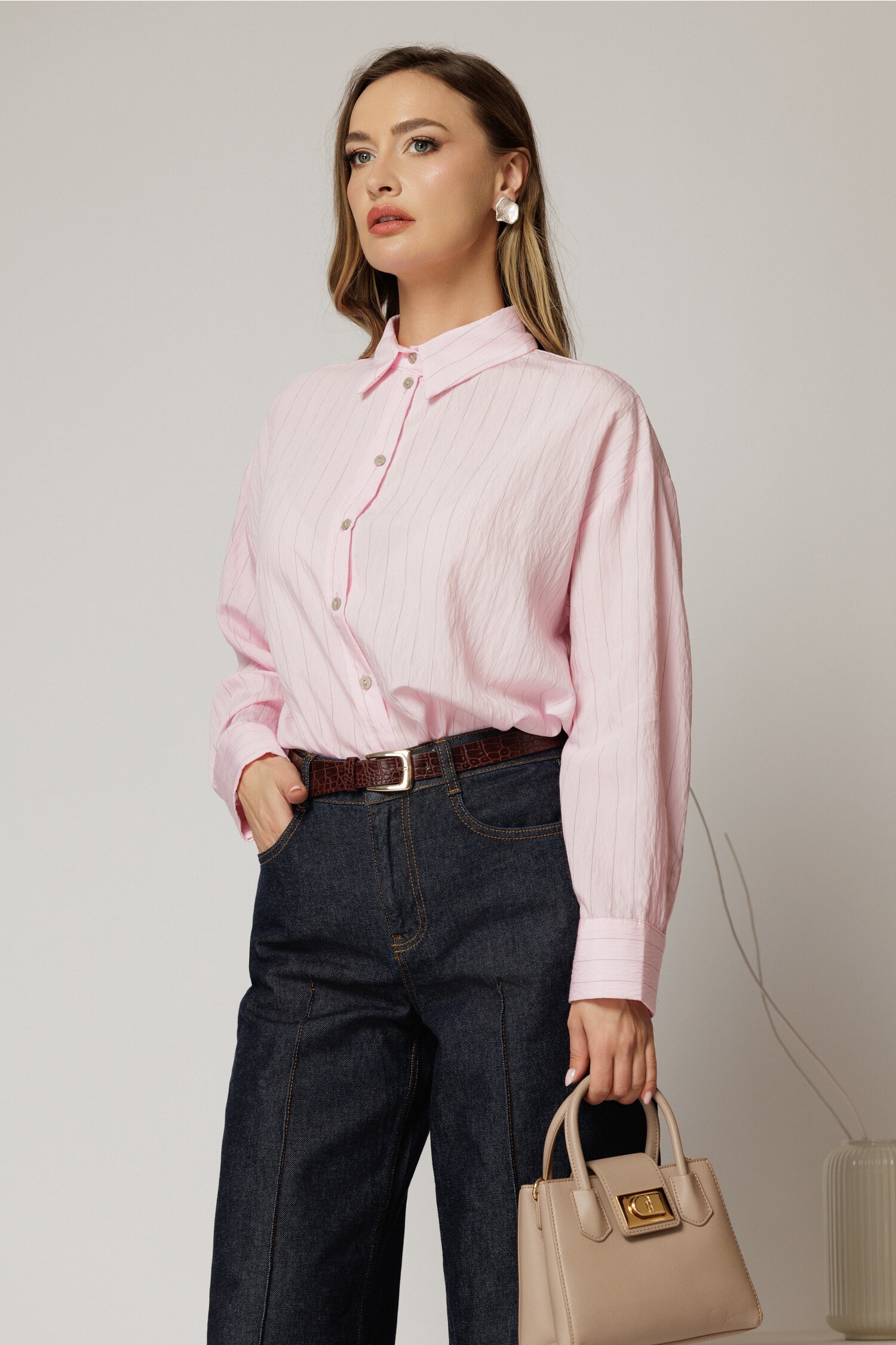 Cămașă Roz Dungi Oversize | Casual Office Eleganță