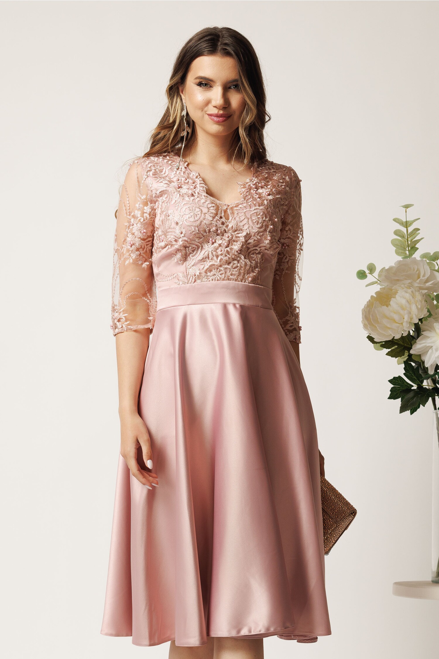 Rochie Midi Roz Ella Collection Inna cu Dantelă