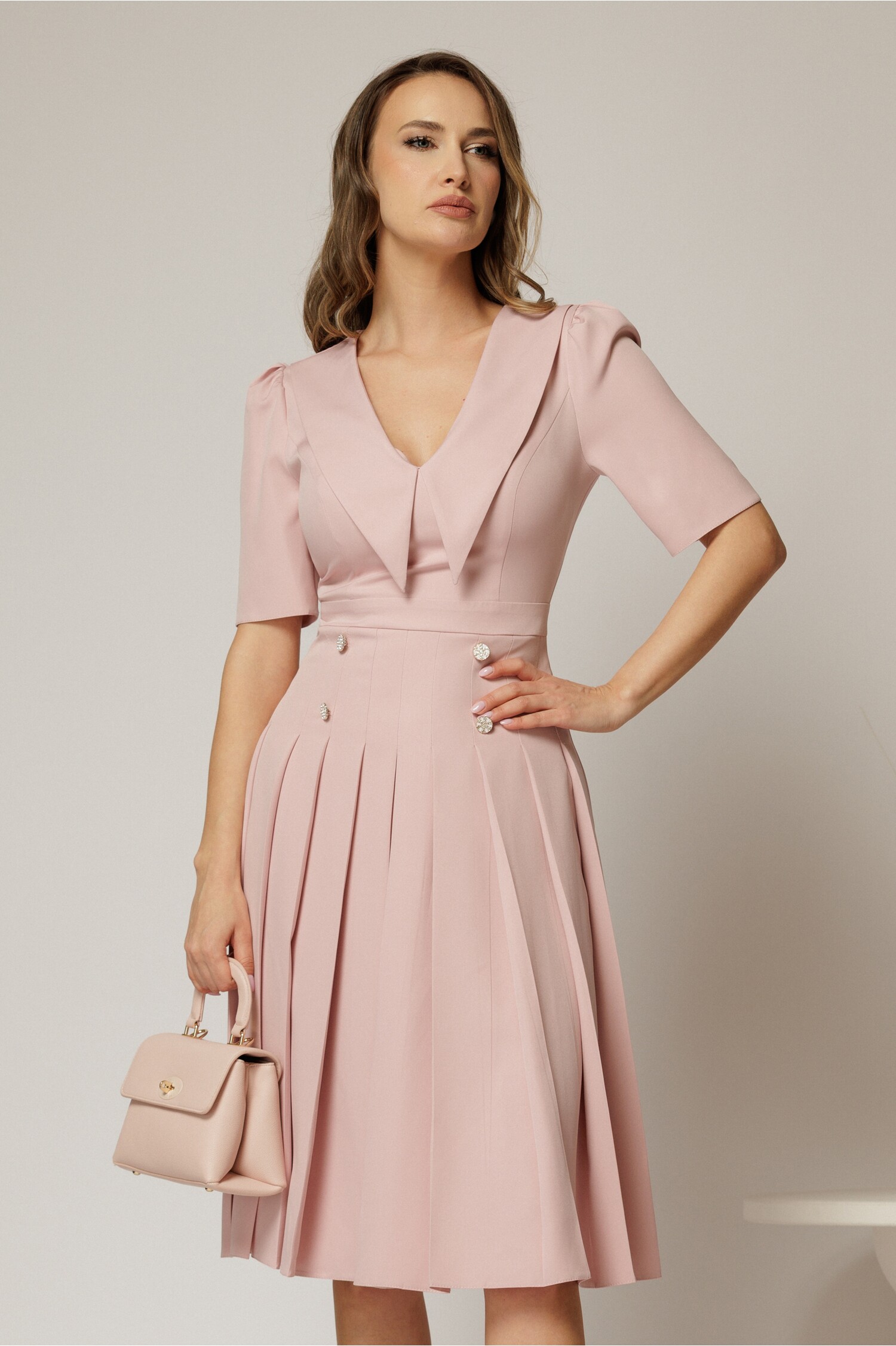 Rochie DY Fashion roz midi cu fusta plisata