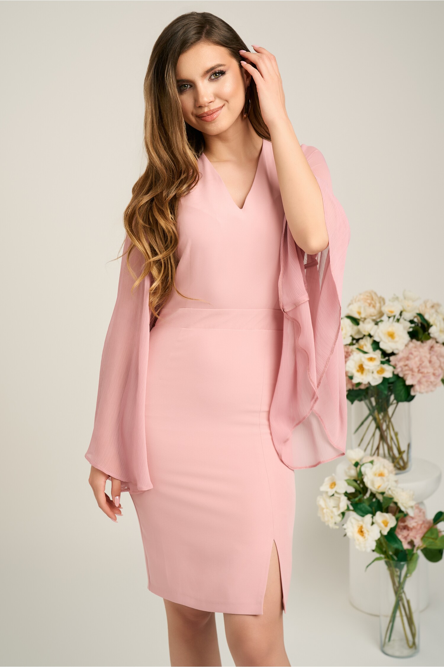 Rochie Elegantă Roz Cununie Civilă | Maneci Voal
