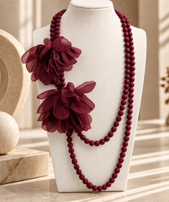 Colier lung, bordo mat cu doua flori din organza