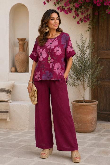 Pantaloni de vara din in, croi palazzo, cu curea in talie, bordo