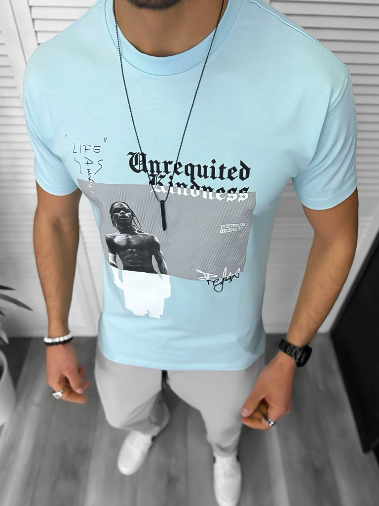 Tricou Bărbați Slim Fit Albastru cu Imprimeu