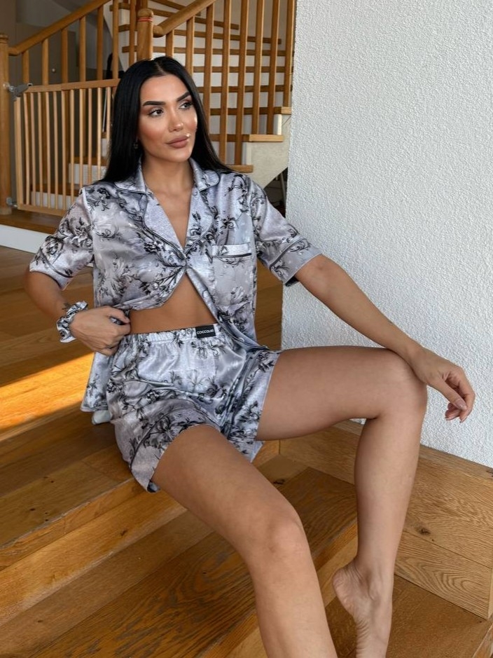 Set Pijama Dama Delis Satin Silver Garden - imagine 2