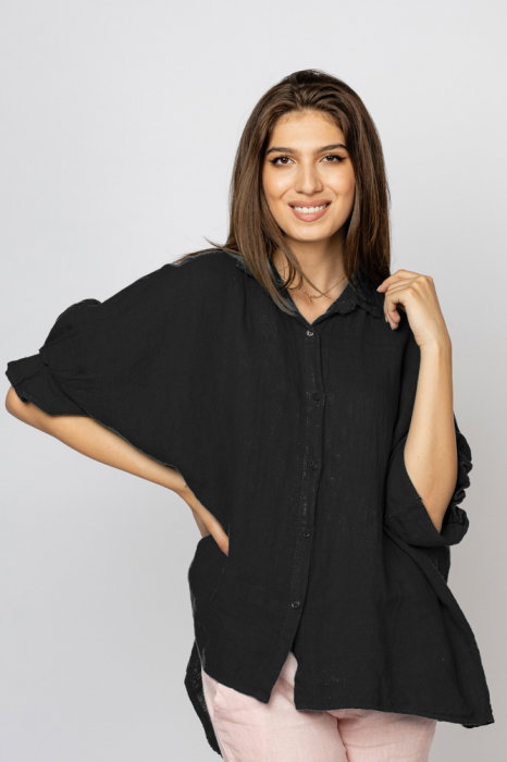 Camasa din in cu siret pe spate Stella Milani, neagra