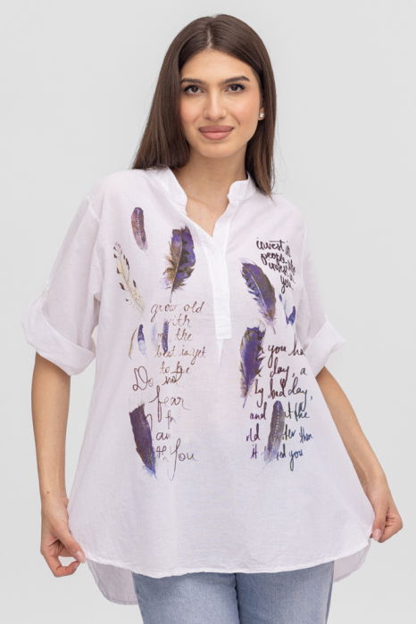 Camașă albă Shopika cu imprimeu pene