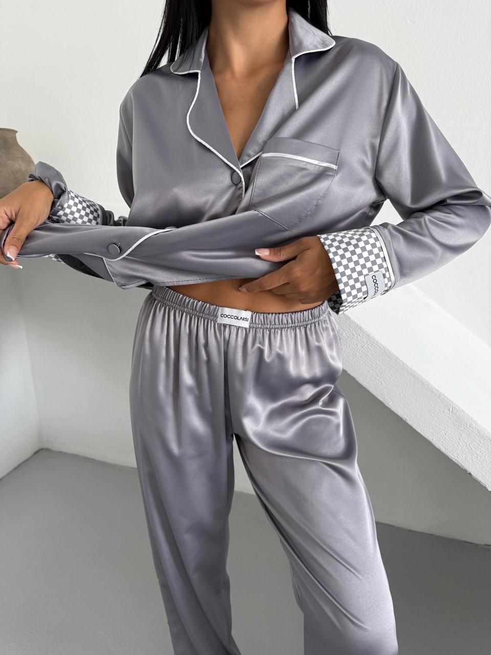 Set Pijama Dama 2 Buc Delis Gri cu Nasturi - imagine 4