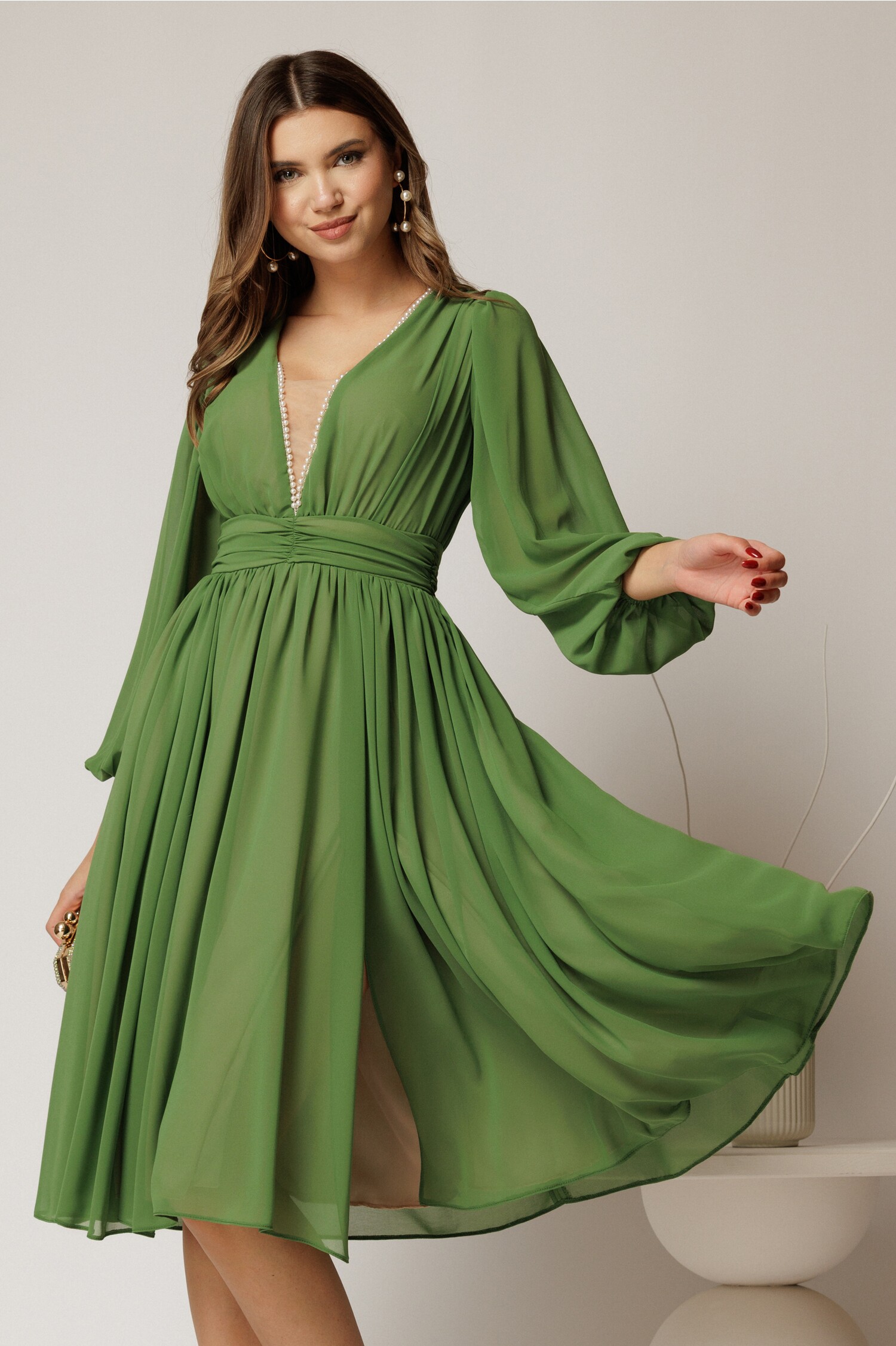 Rochie DY Fashion Verde Midi cu Perle și Tull