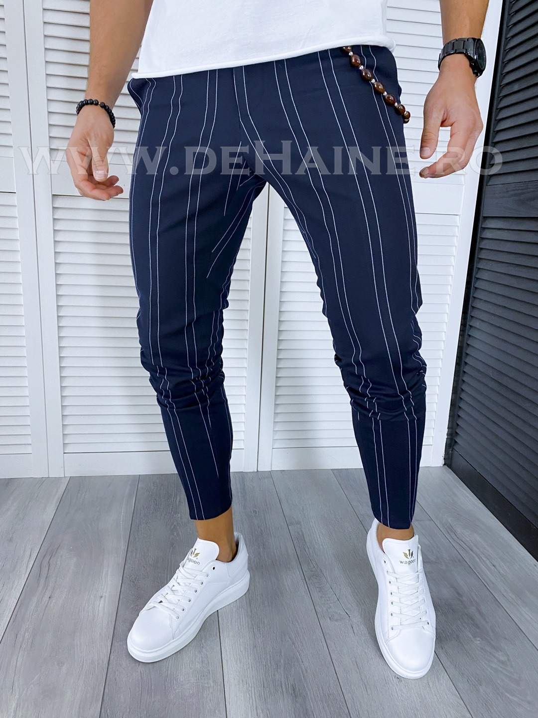 Pantaloni bărbați bleumarin dungi regular fit