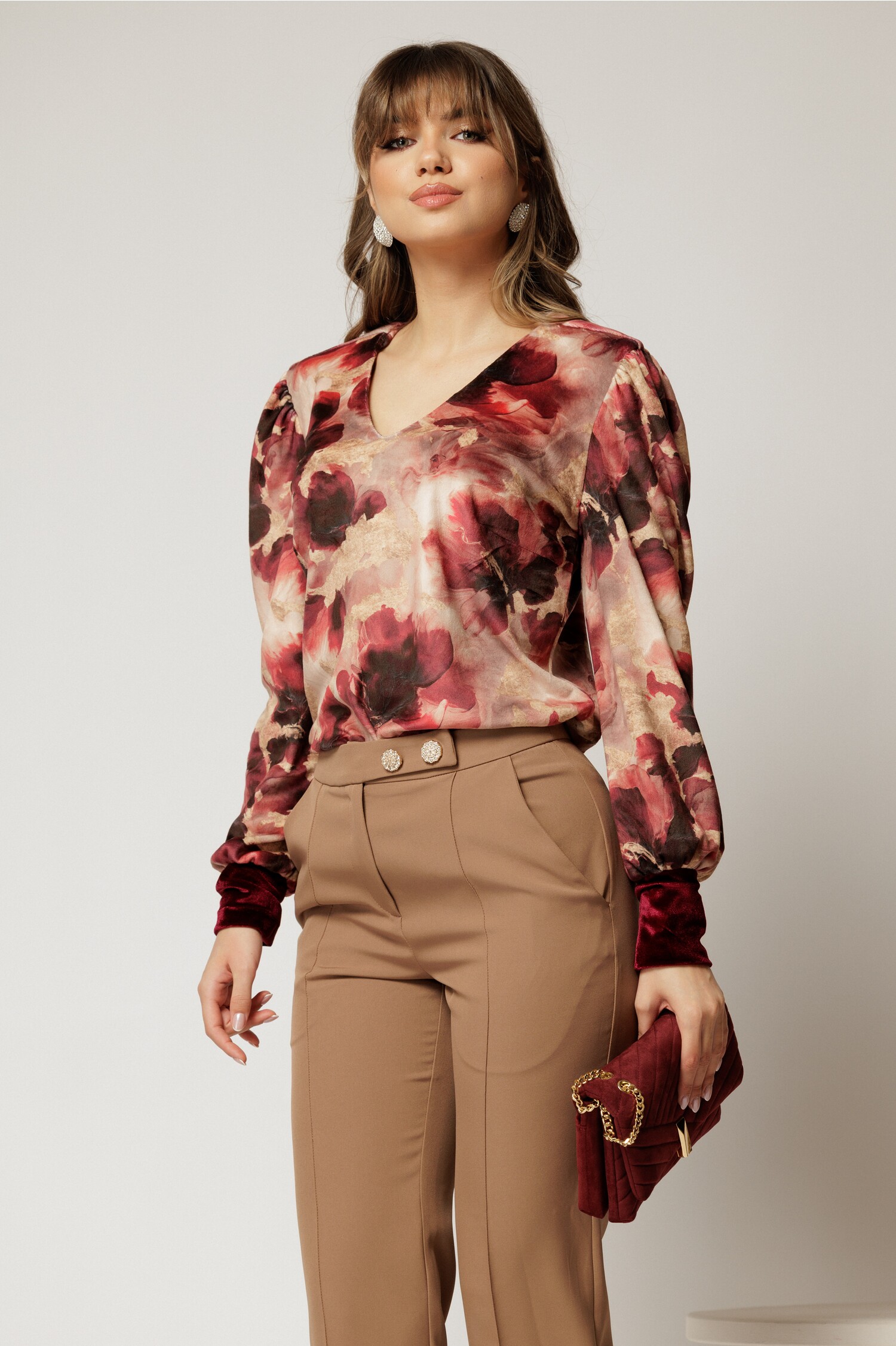 Bluză Catifea DY Fashion Imprimeu Grena Decolteu V