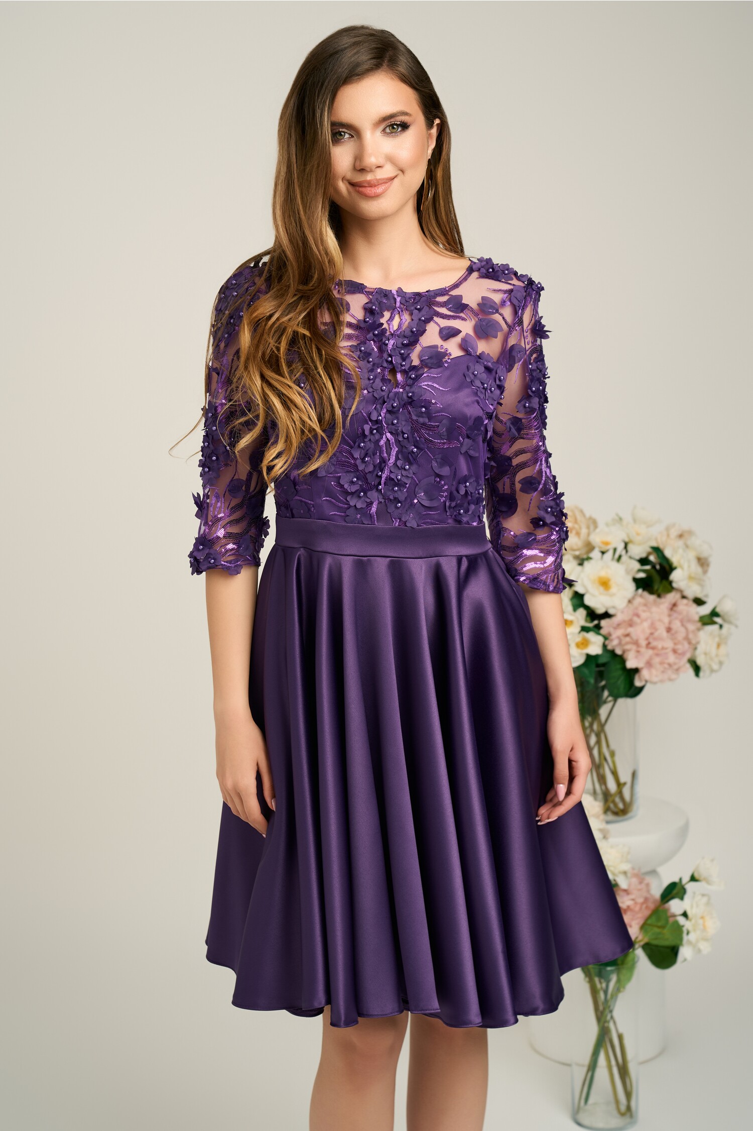 Rochie Eleganta Mov cu Broderie 3D Ella Collection