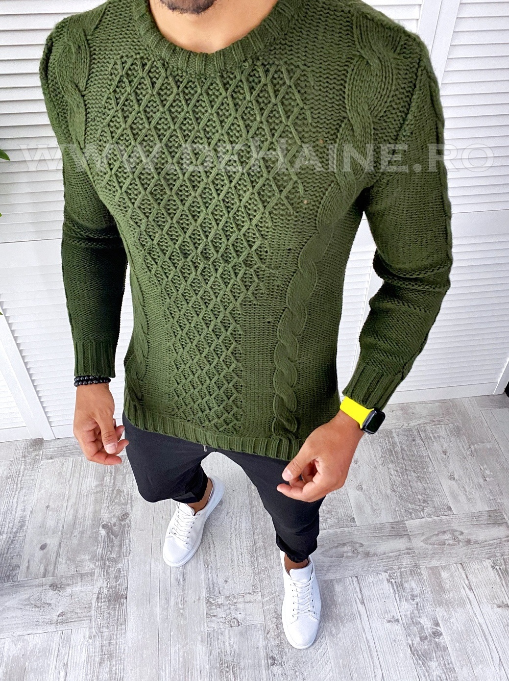 Pulover Barbati Kaki Slim Fit Gros