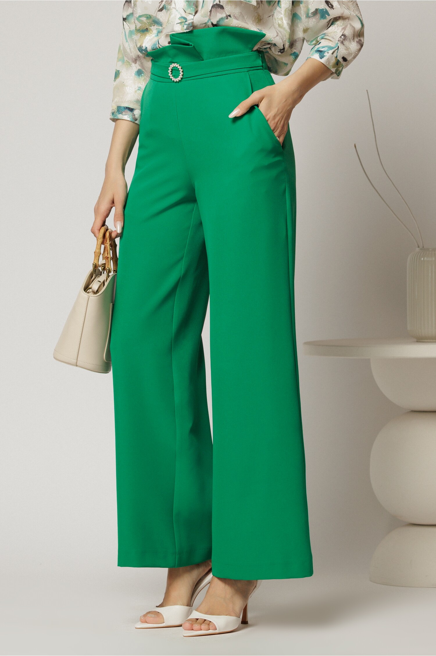 Pantaloni DY Fashion Verzi Evazati cu Catarama