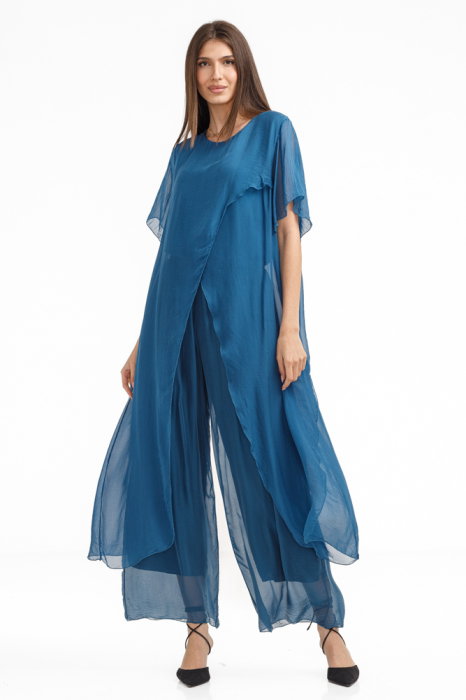 Compleu cu pantaloni lejeri si bluza fluida in colturi lungi, din matase si vascoza, turcoaz inchis