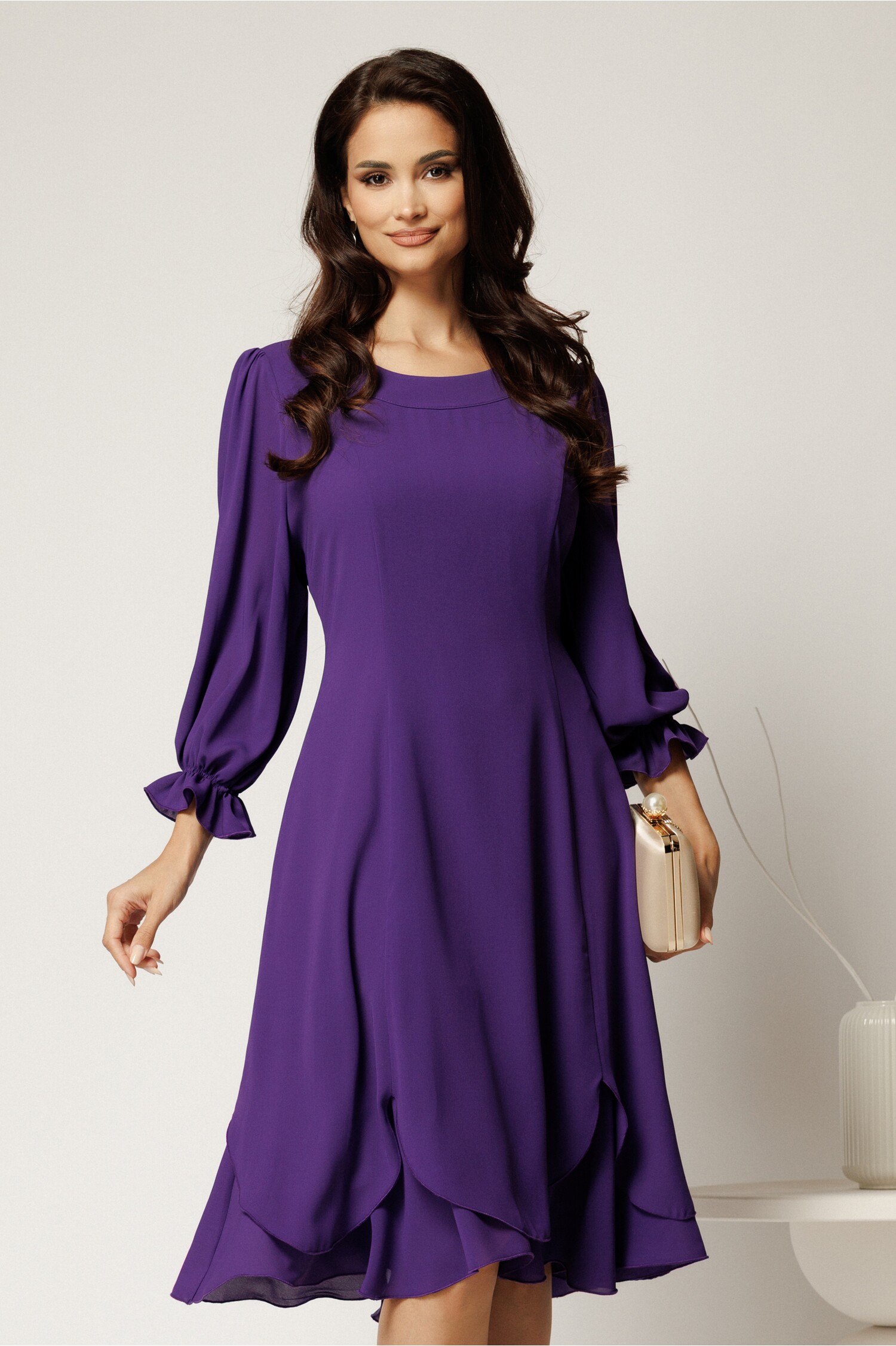 Rochie Midi Mov Voal Cununie Civilă Elegantă