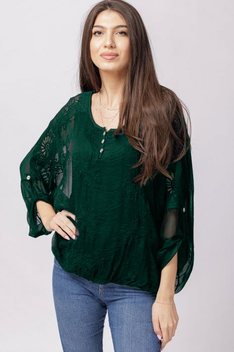 Bluza Shopika Verde Mătase & Dantelă Brodată