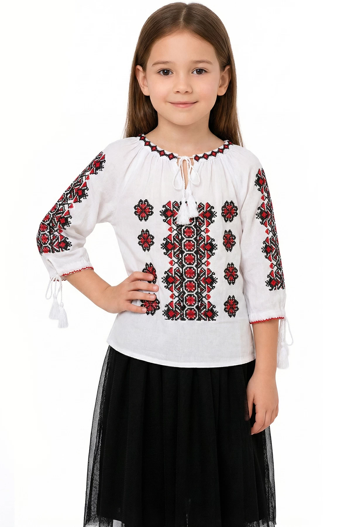 Ie fetita alba Isaia din bumbac cu broderie traditionala