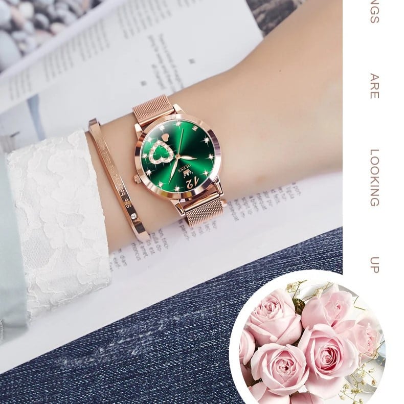 Ceas Dama Olevs Rose Gold cu Cadran Verde - imagine 2