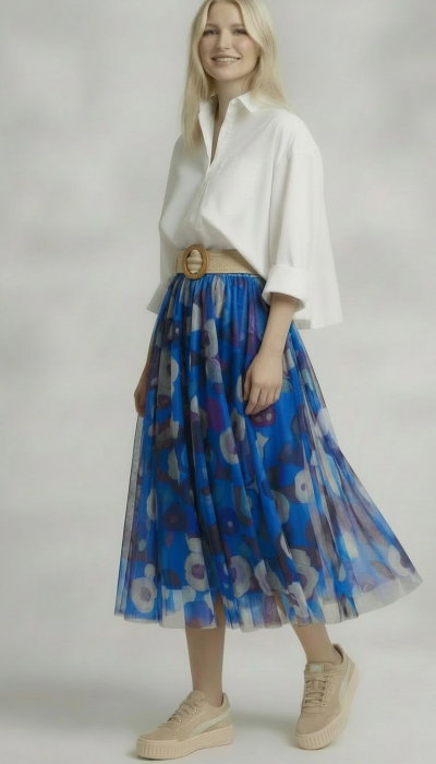 Fusta clos tulle floral albastru Shopika