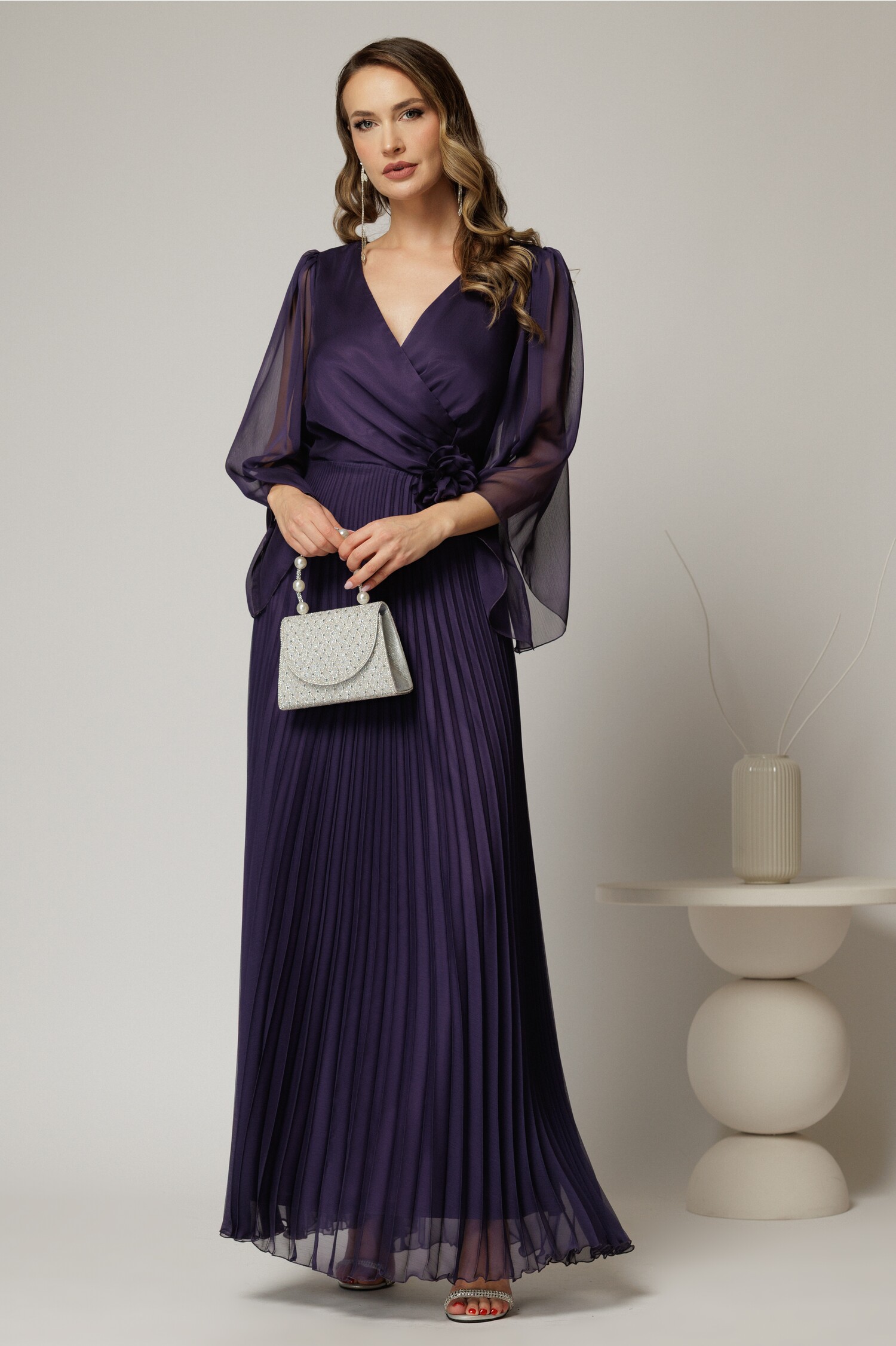 Rochie Lunga Mov Eleganta cu Fusta Plisata