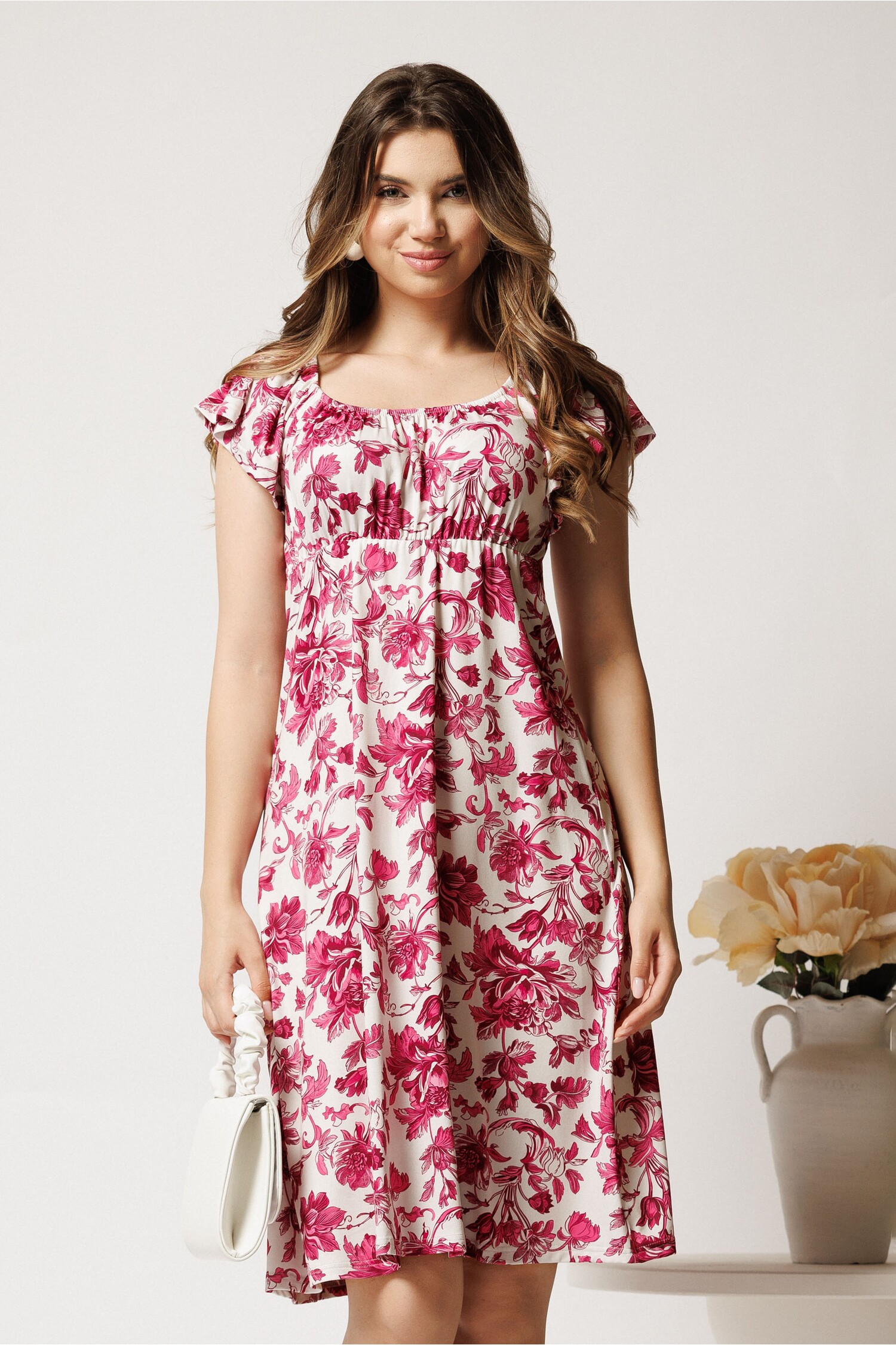 Rochie midi alba lycra cu imprimeuri fucsia