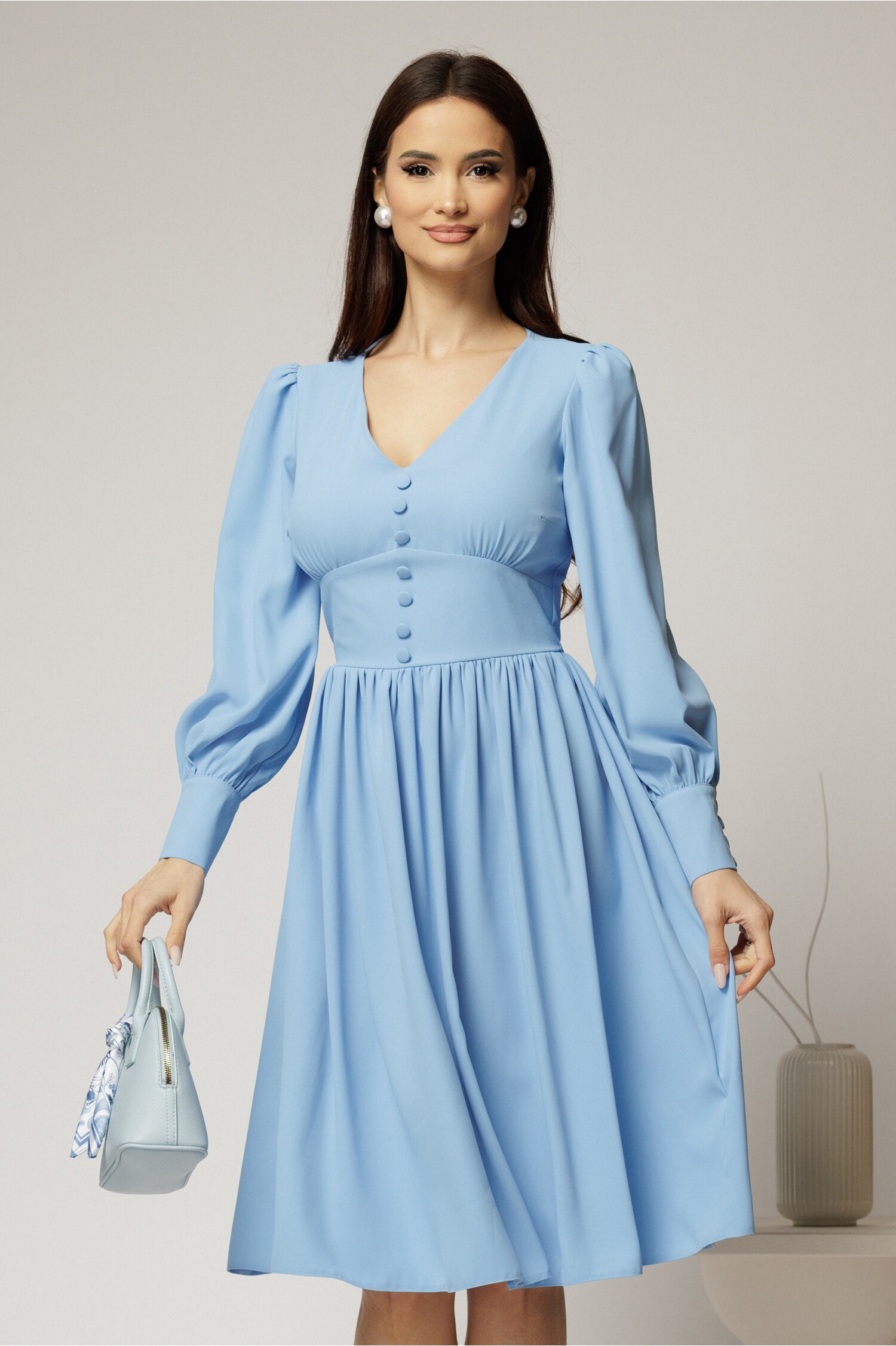 Rochie Midi Bleu Voal cu Nasturi