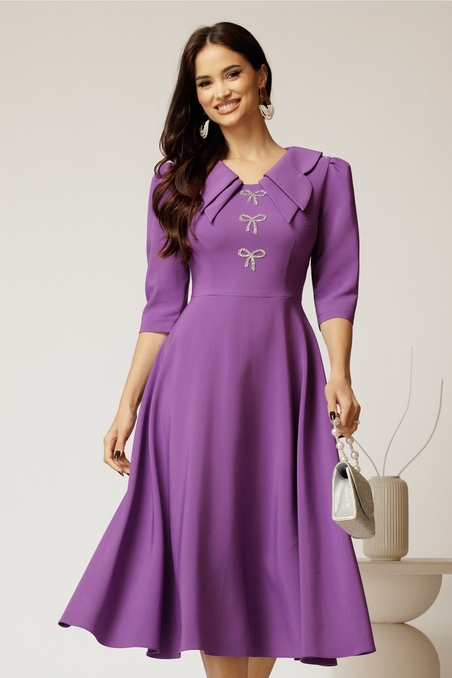 Rochie Midi Mov Eleganta cu Guler Dublu