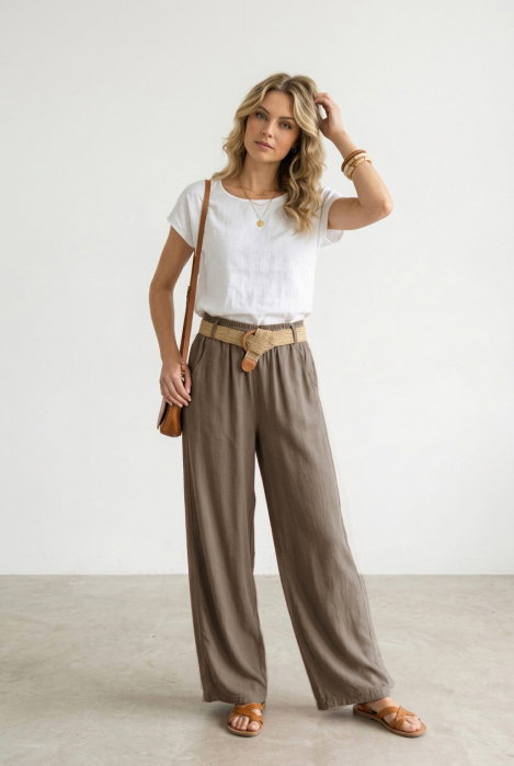 Pantaloni dama lejeri din tencel, cu talie elastica si curea, bej inchis