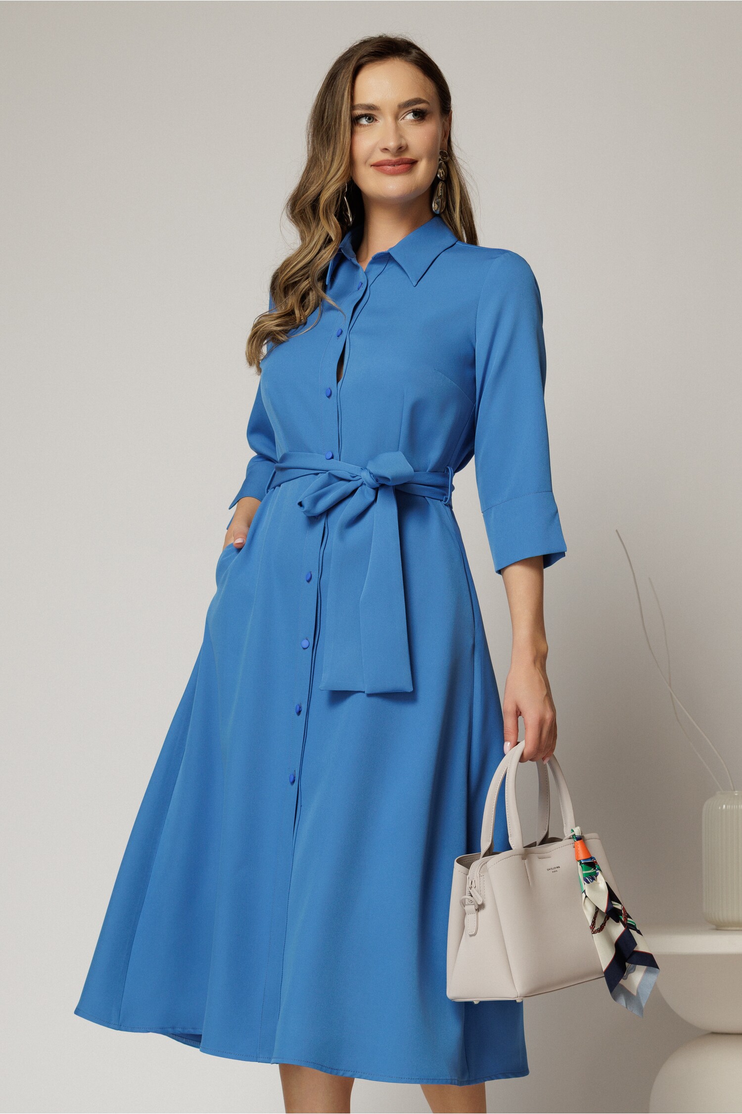 Rochie Midi Albastră Tip Cămăși cu Cordon