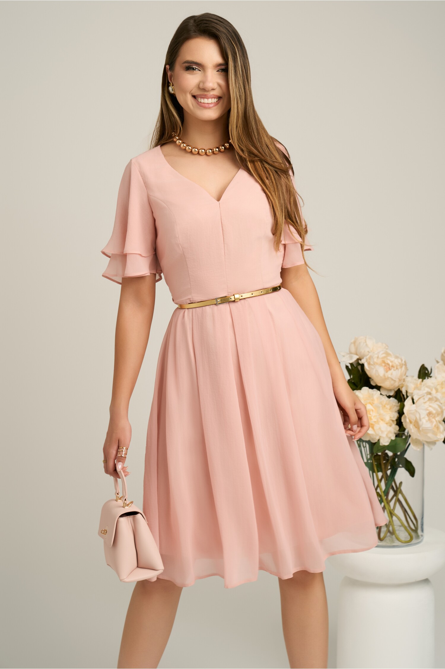 Rochie Midi Roz Voal cu Volane și Curea