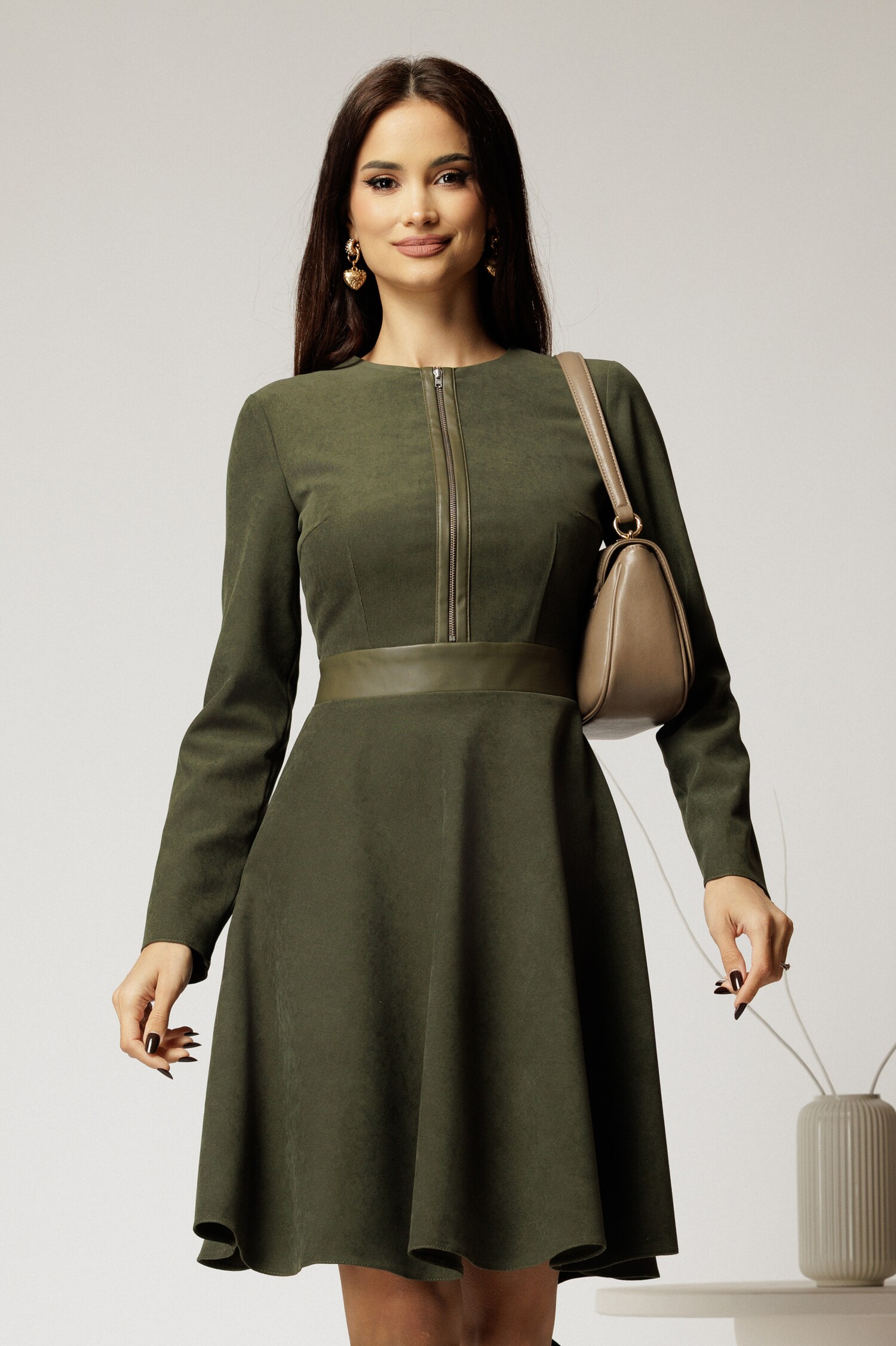 Rochie Velur Kaki DY Fashion cu Inserții Piele