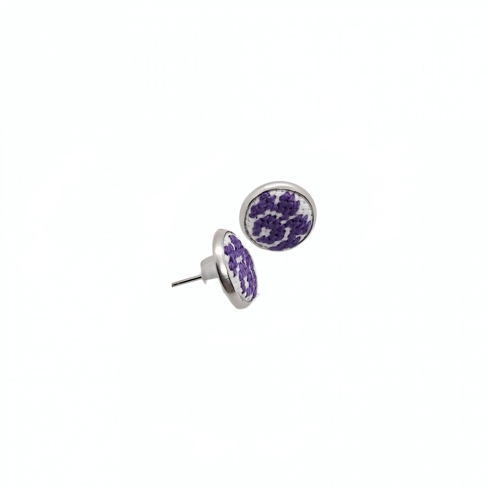Cercei inox tip surub cu broderie florala mov, diametru 10 mm