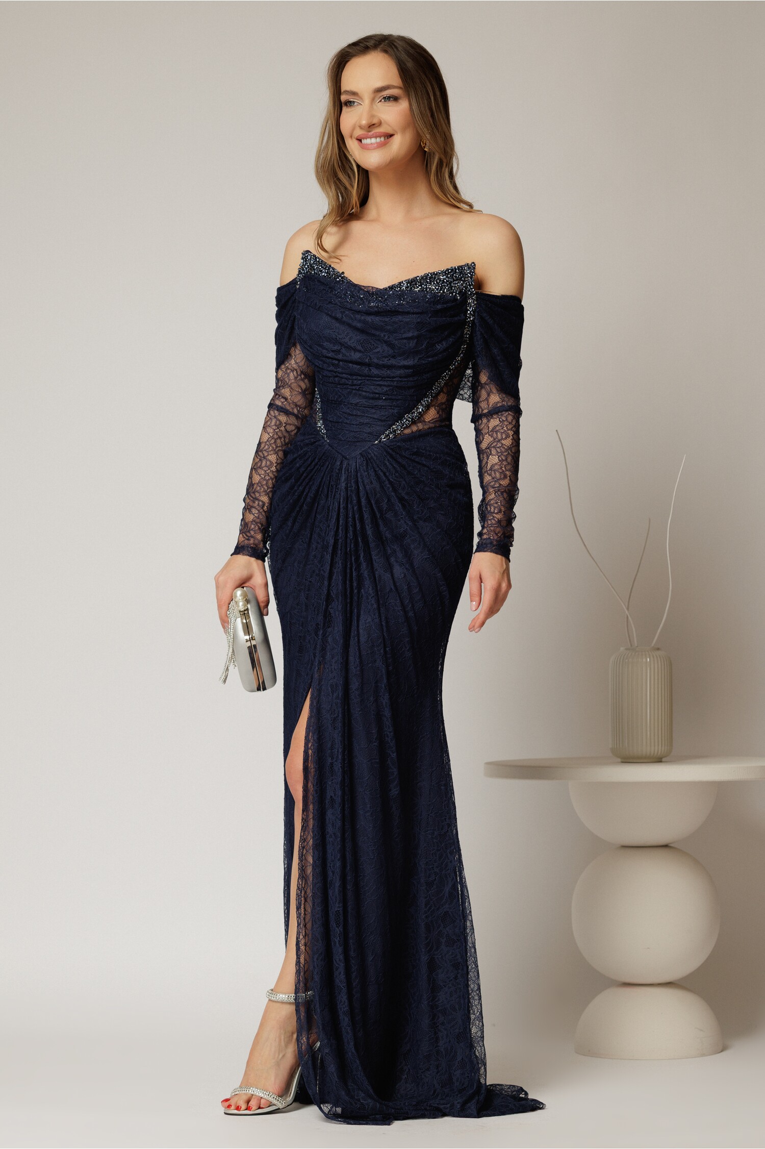 Rochie Sirena Bleumarin Dantela Elegantă