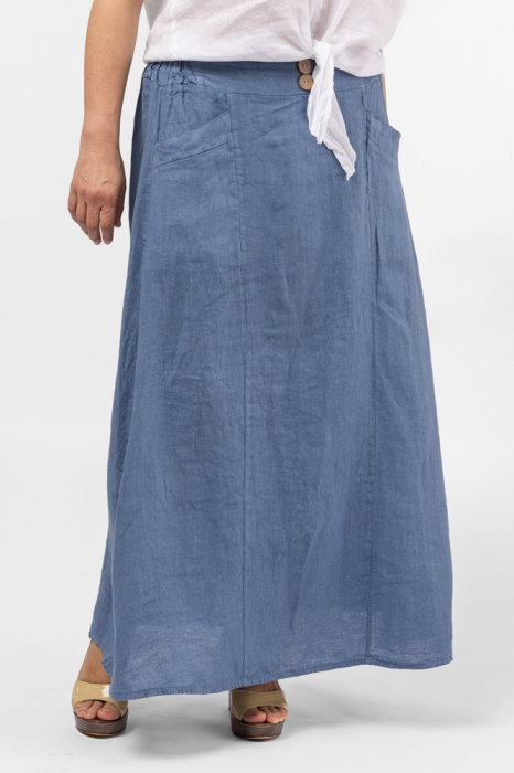 Fusta lunga din in, cu doi nasturi de lemn pe talie, albastru jeans